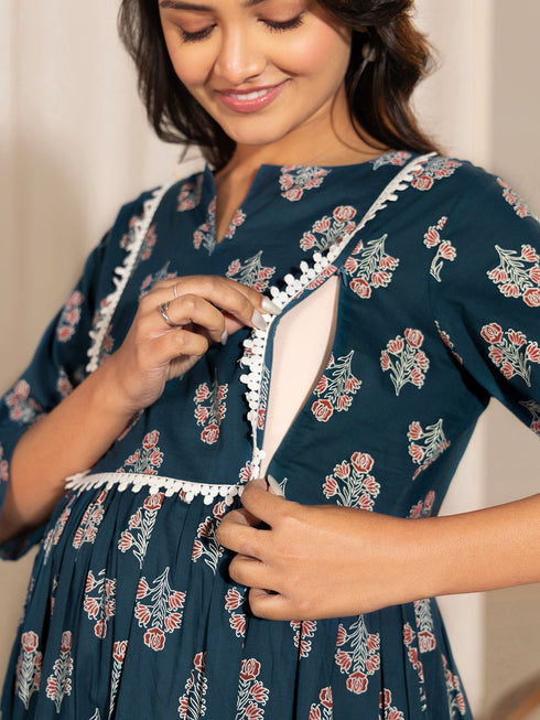 Teal Cotton Floral Fit & Flare Kurta
